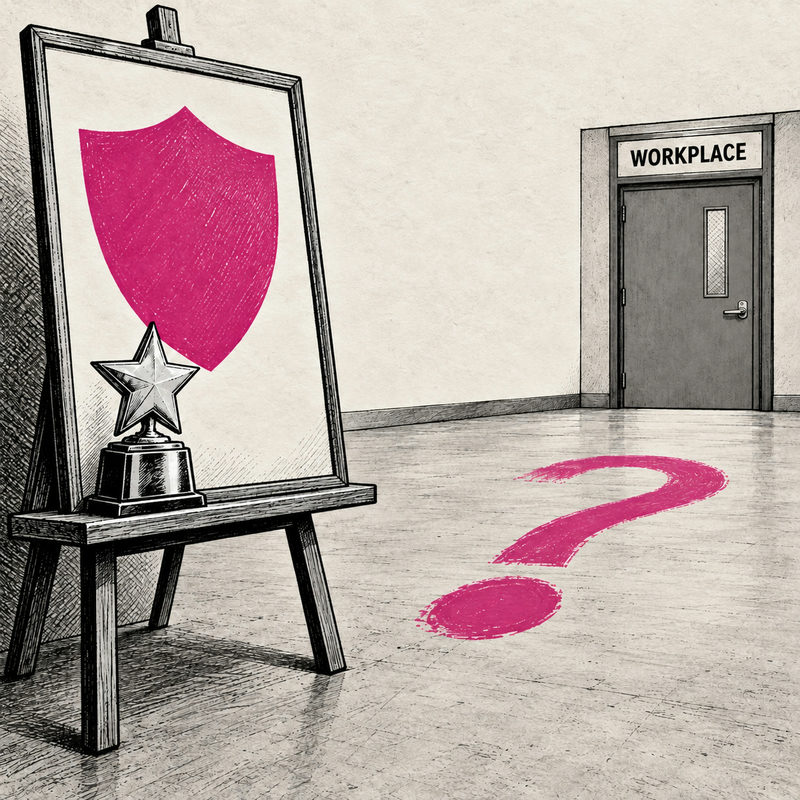 Democrawonk — A trophy and pink shield poster face a question mark leading toward a WORKPLACE door.