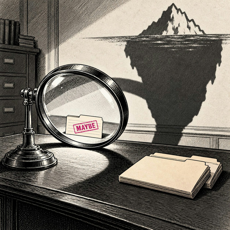 Democrawonk — A file card stamped MAYBE sits under a magnifying glass while an exaggerated iceberg shadow looms on the wall.