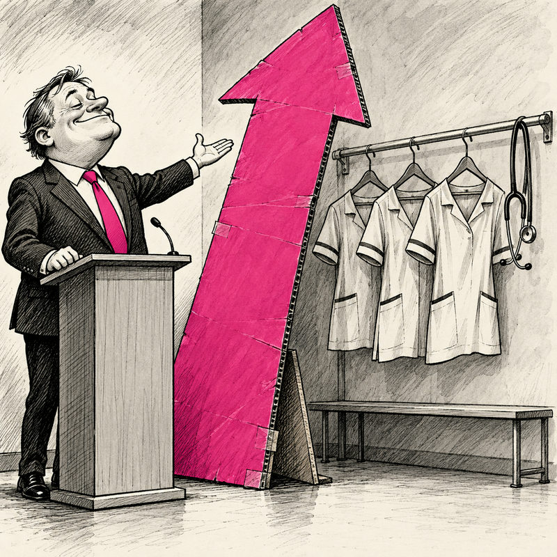 Editorial cartoon of a minister praising a giant pink cardboard upward arrow beside empty medical uniforms and an unused stethoscope.