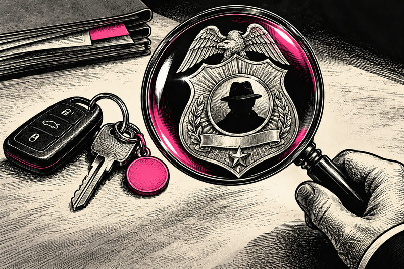 A magnifying glass examines a symbolic enforcement badge beside car keys.
