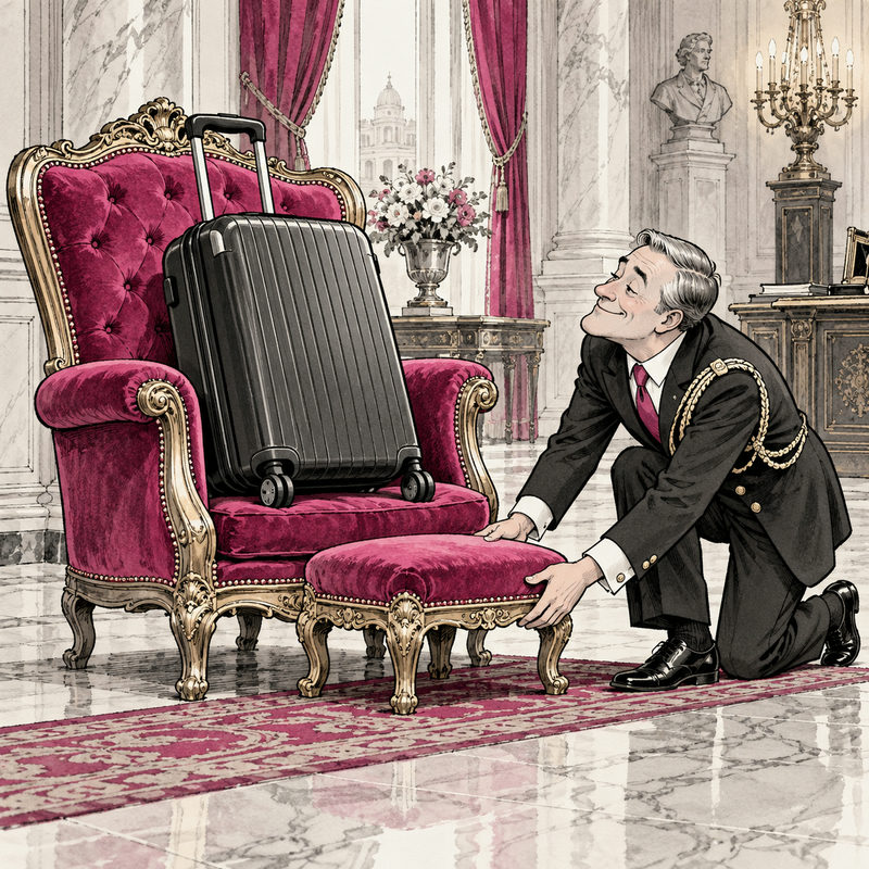 A suitcase sits on a pink ornate armchair while a generic official adjusts its footstool.