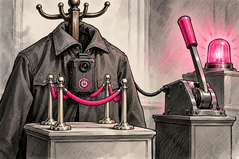 A body camera on a jacket sits behind velvet ropes beside an emergency-light activation lever.