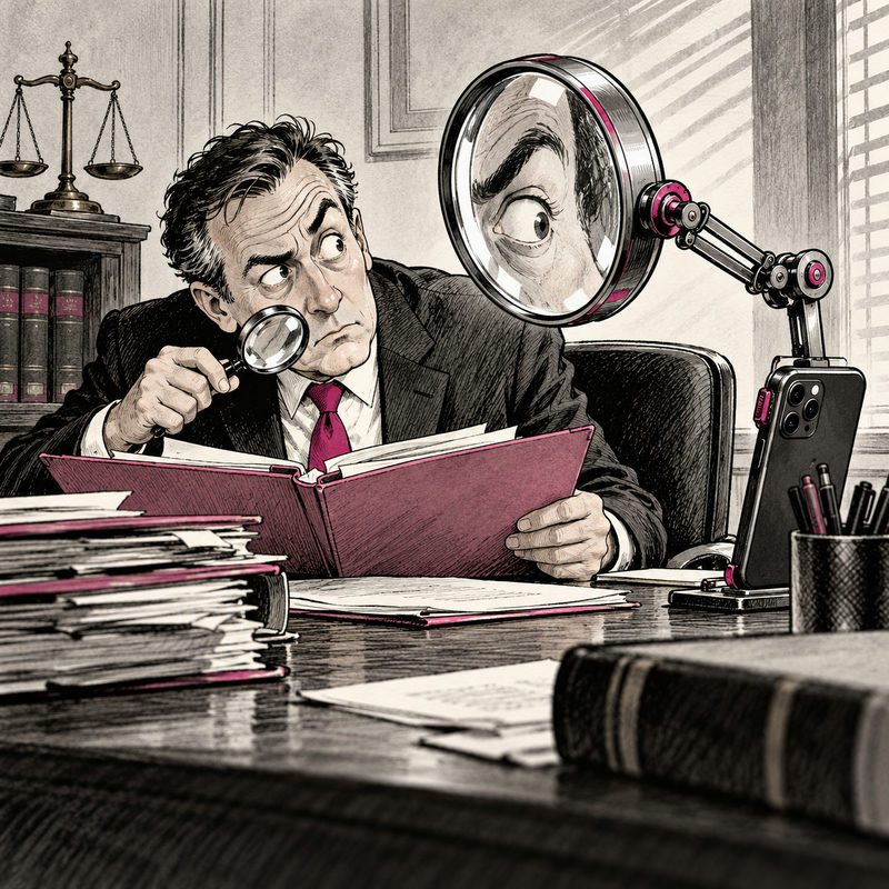 A prosecutor examines a folder with a small magnifying glass while a giant magnifying glass attached to his phone examines him.