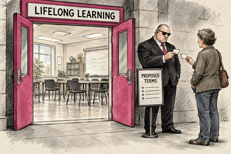 At an imaginary lifelong-learning venue, a bouncer checks blank cards beside a wide-open classroom doorway and a Proposed Terms sign.