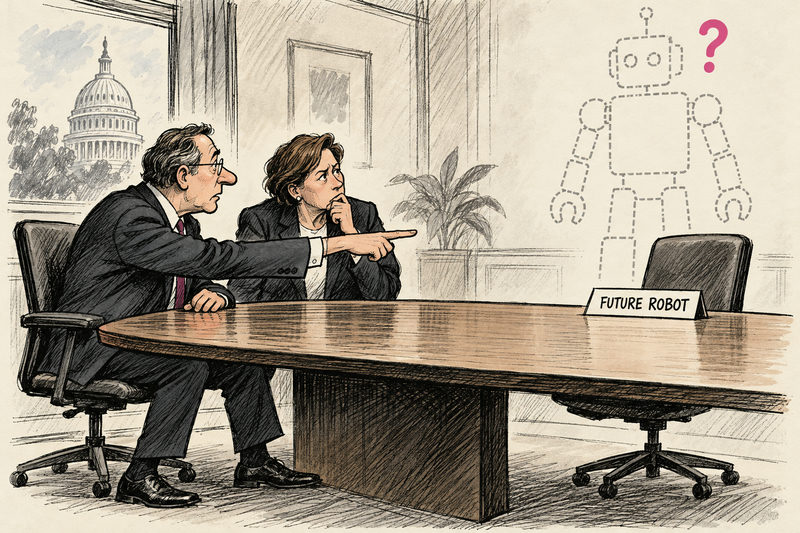 Two imaginary managers gesture toward an empty chair marked Future Robot, with a dotted robot outline and a question mark above it.