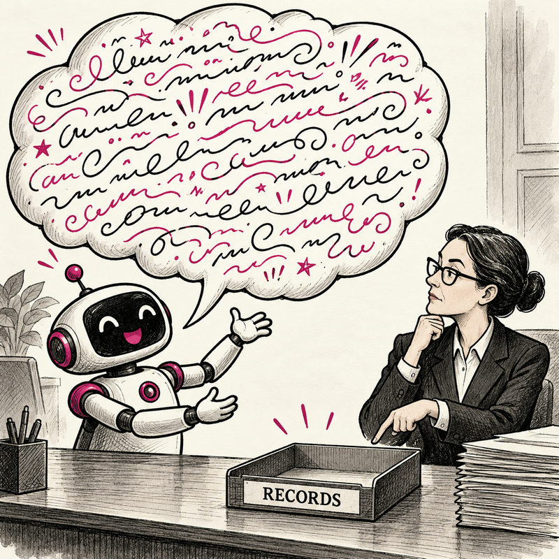 A smiling robot produces a huge speech balloon while an investigator points to an empty tray marked RECORDS.