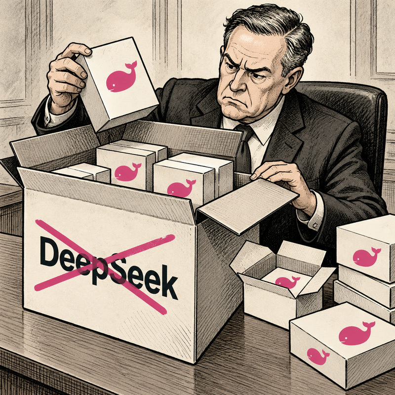 A purchasing official opens a box labeled DeepSeek and finds smaller boxes bearing the same pink whale-like symbol.