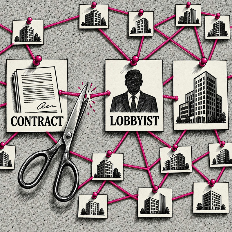 Democrawonk — Scissors cut one link between CONTRACT and LOBBYIST cards in a network of pink strings.