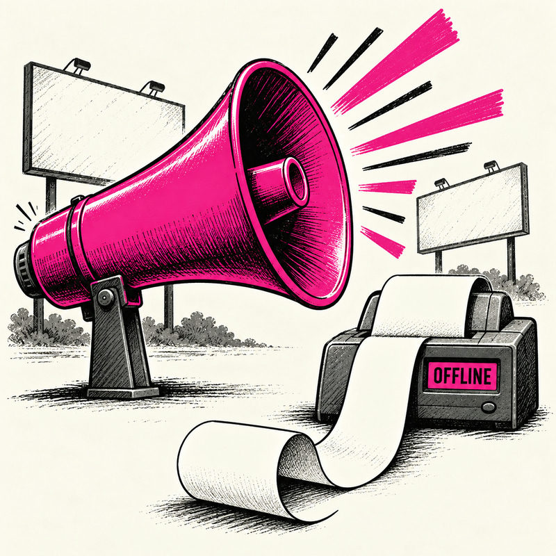 Democrawonk — A loud pink megaphone stands beside an OFFLINE receipt printer and blank campaign billboards.