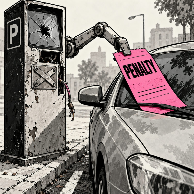 A broken parking machine uses a mechanical arm to put a pink PENALTY slip on a car.