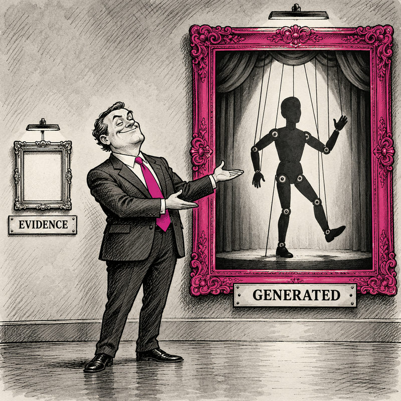 Editorial cartoon of an advertising executive presenting a huge pink-framed puppet silhouette labeled Generated beside a small empty Evidence frame.