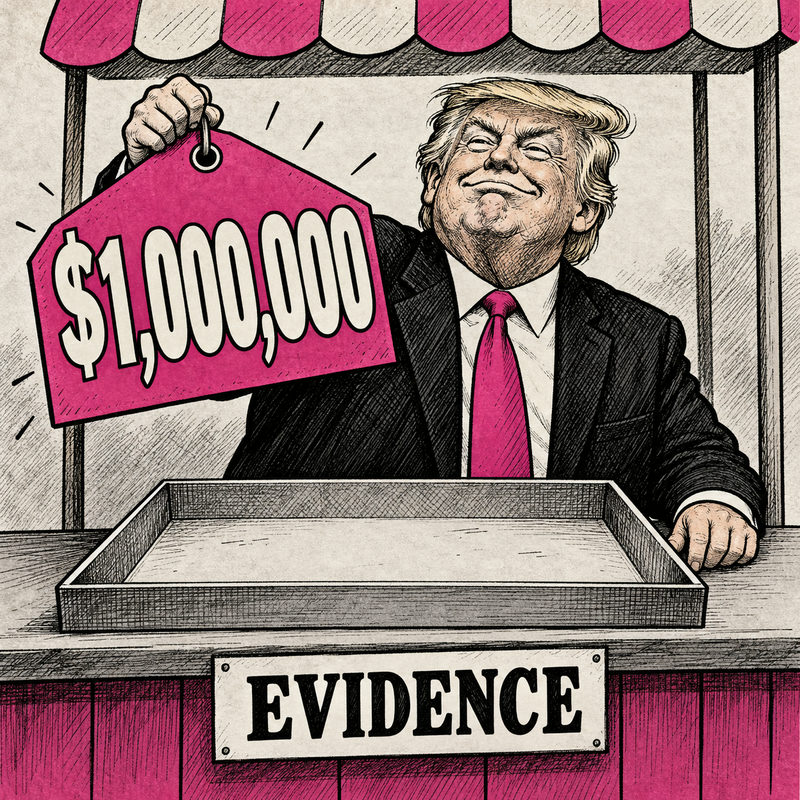 Democrawonk — Trump holds a giant pink $1,000,000 price tag above an empty evidence tray at a stand.