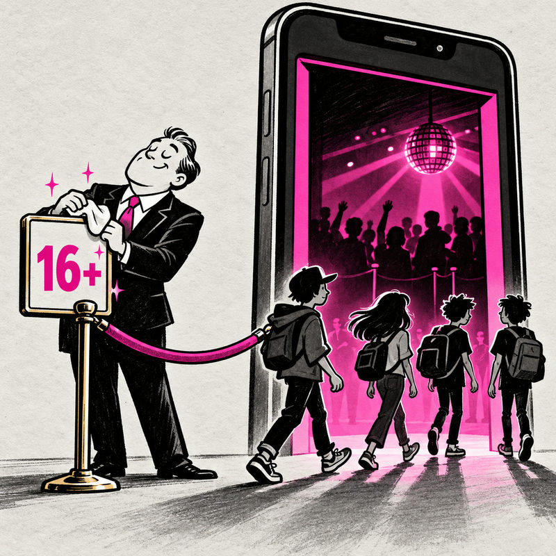 An executive polishes a 16+ sign while four young figures walk past the loose barrier into a smartphone doorway.