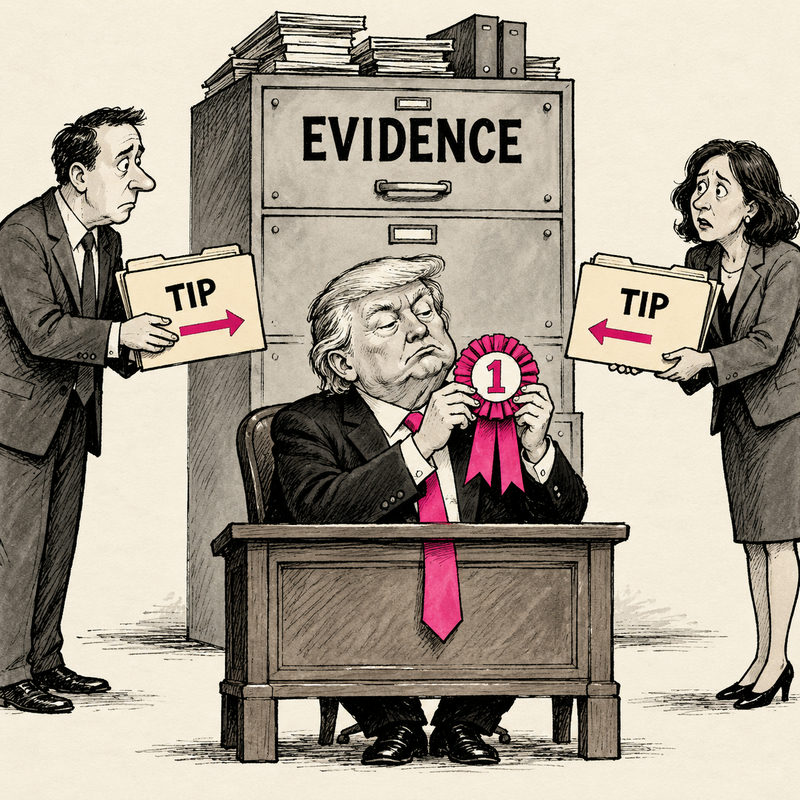 Trump examines a pink first-place ribbon while two tipsters point their folders toward a cabinet marked Evidence.