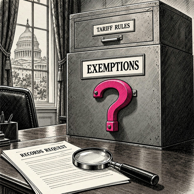 Democrawonk — A tariff filing cabinet has an oversized Exemptions drawer with a question-mark handle beside a Records Request.