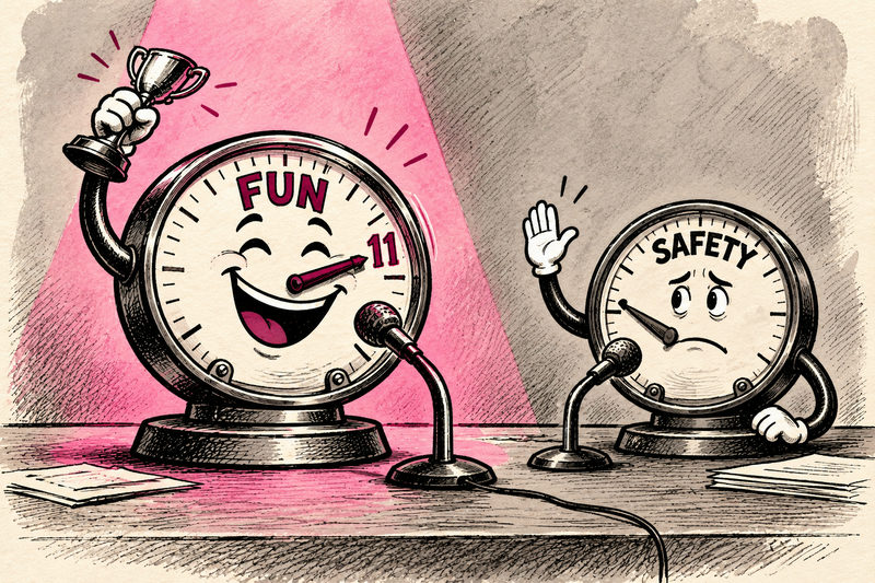 Two imaginary talking gauges share a launch table: FUN points to eleven under a spotlight while SAFETY raises a hand to speak.