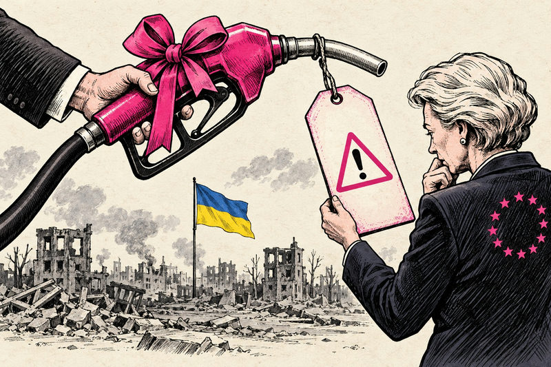 Satirical illustration accompanying “Trump’s Diesel Deal Has A Geopolitical Warning Label”