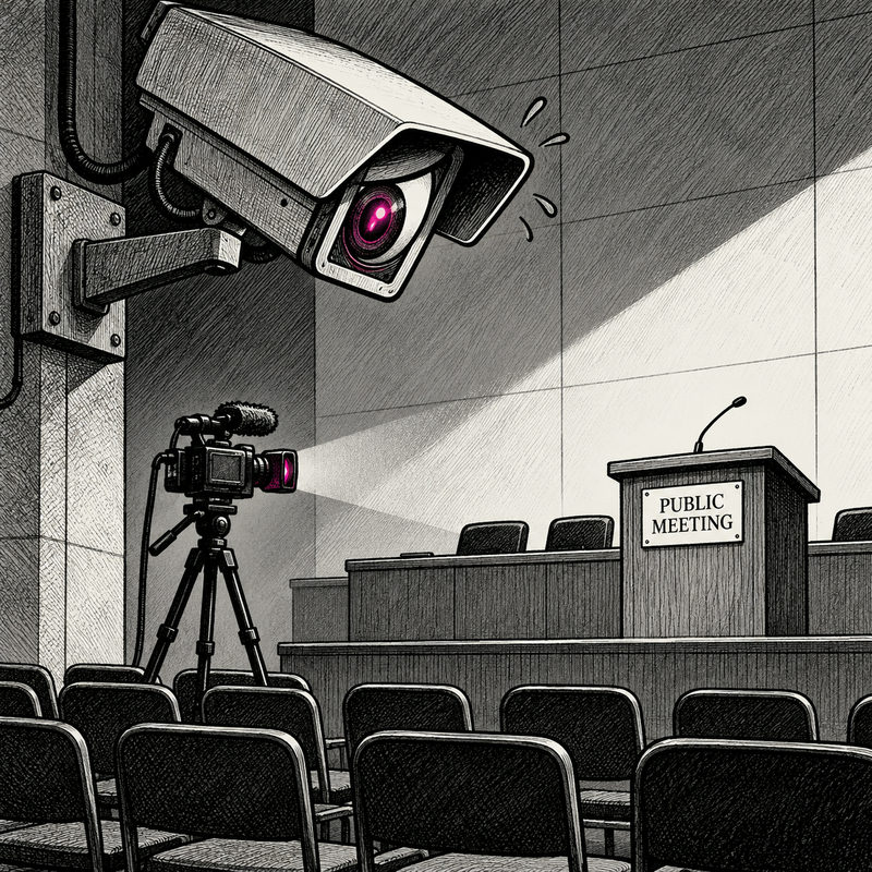 Democrawonk — An enormous anxious surveillance camera watches a smaller journalist’s camera aimed at a podium marked PUBLIC MEETING in an empty council chamber.