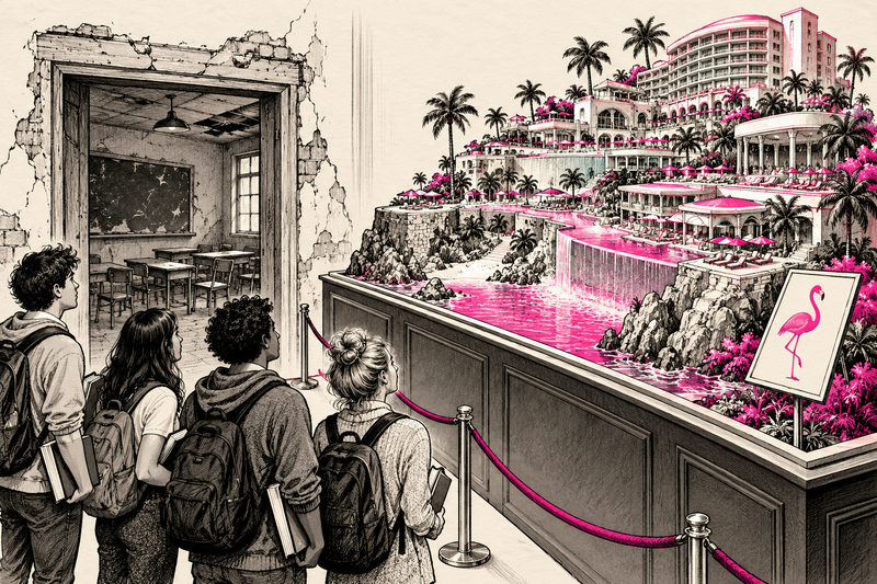 A satirical illustration contrasting students’ classroom needs and a luxury resort brochure.