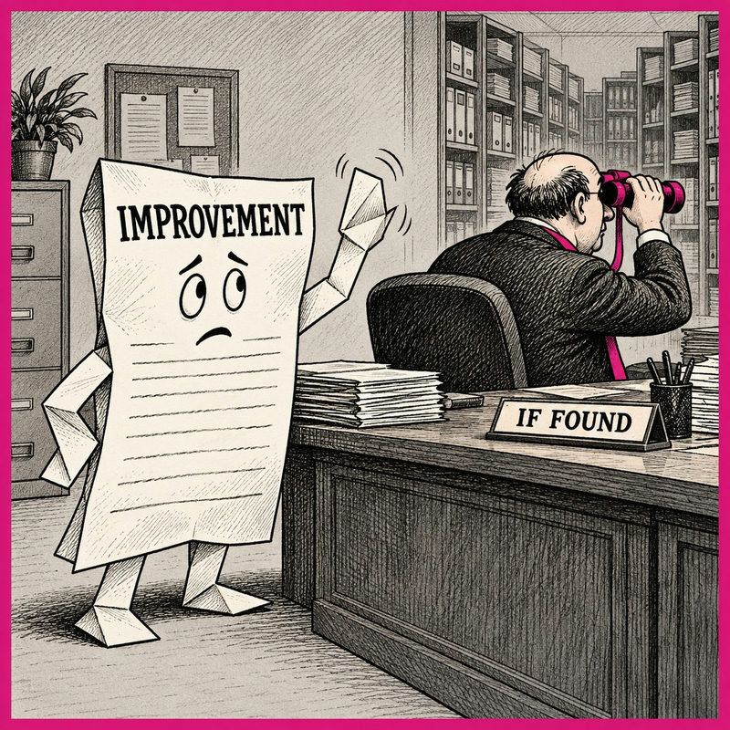 Democrawonk — A paper Improvement waves for attention while a bureaucrat searches elsewhere through binoculars.
