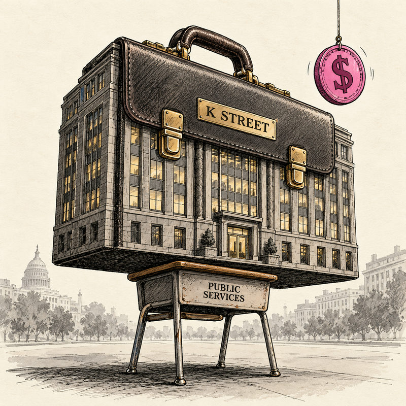 A briefcase-shaped K Street office building rests on a small desk marked Public Services beneath a dangling pink dollar coin.