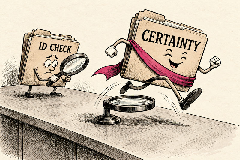Two fictional folders labeled CERTAINTY and ID CHECK personify institutional confidence leaping ahead of verification on a plain inspection counter.