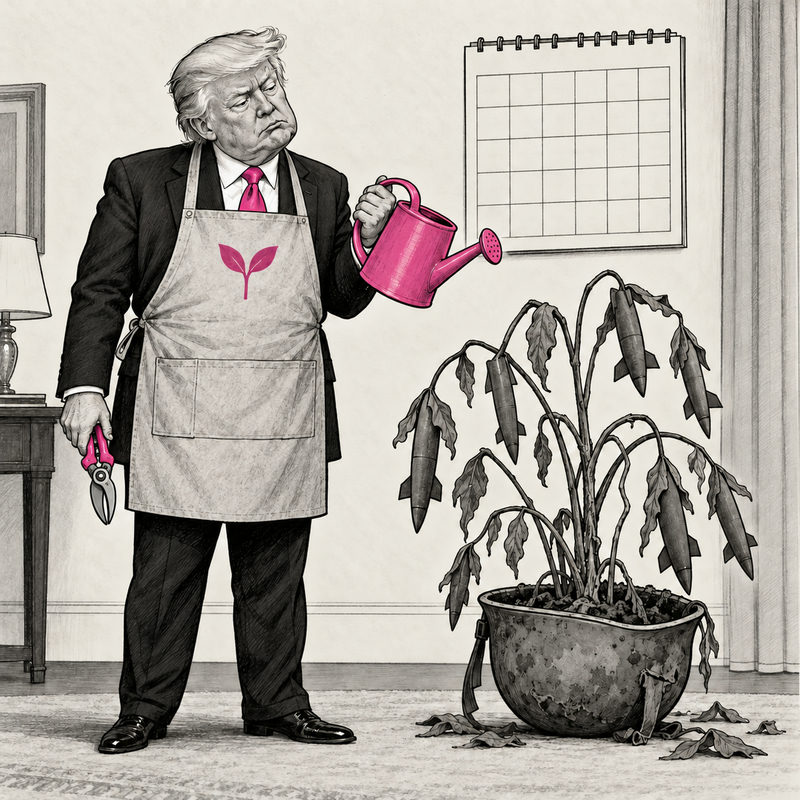 Democrawonk — Trump holds a watering can and closed pruning shears beside a wilted missile-shaped plant growing from a helmet.
