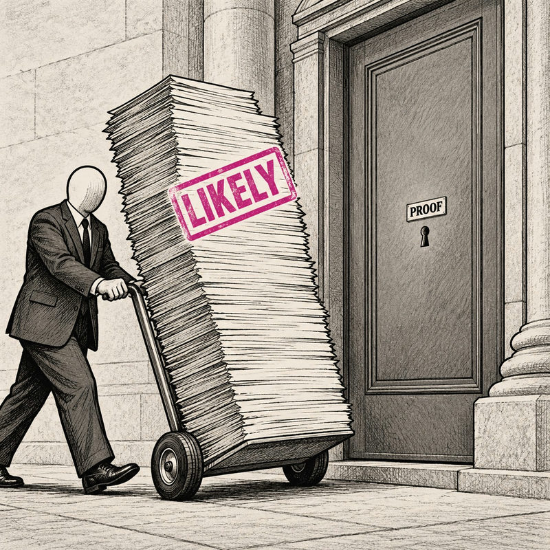Democrawonk — A suited official pushes a towering stack of papers stamped LIKELY toward a courthouse door with a tiny keyhole labeled PROOF.