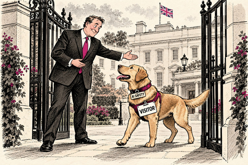 An imaginary AI SAFETY watchdog wears a VISITOR badge while a host welcomes it through an open gate.