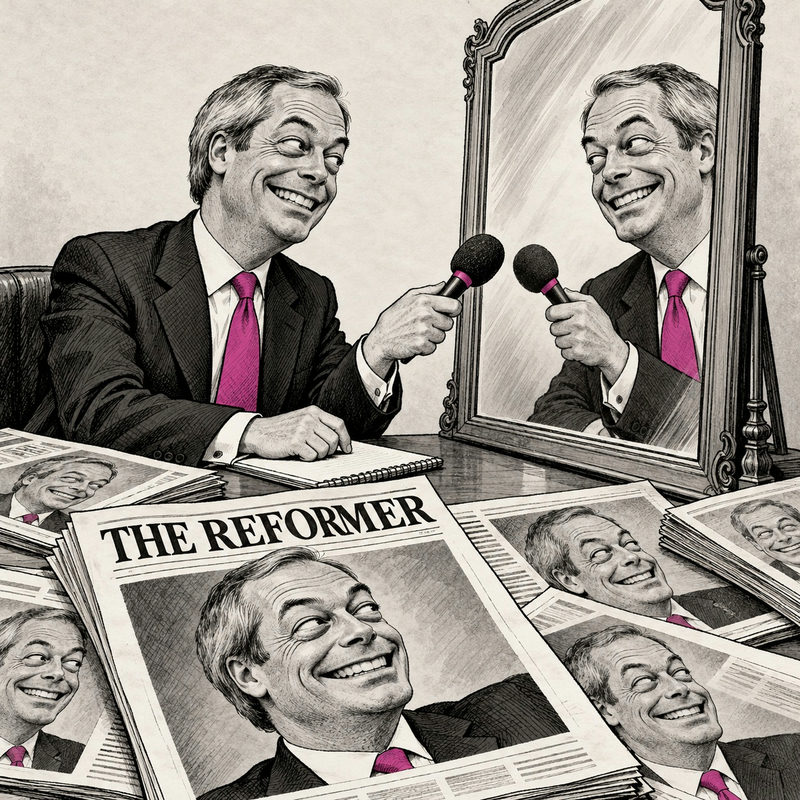 Democrawonk — A Farage caricature interviews his own reflection with a microphone amid newspapers bearing his face and THE REFORMER masthead.