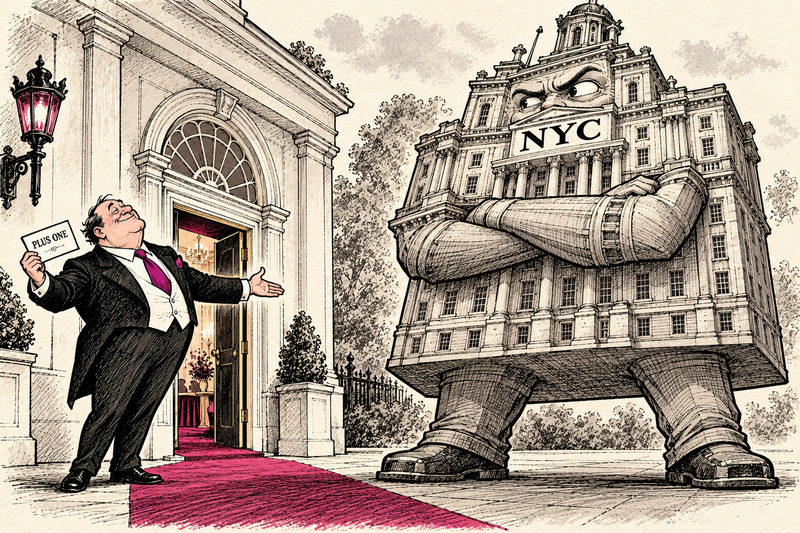A fanciful NYC municipal building folds its arms and refuses a Washington host’s PLUS ONE invitation at a door far too small for it.