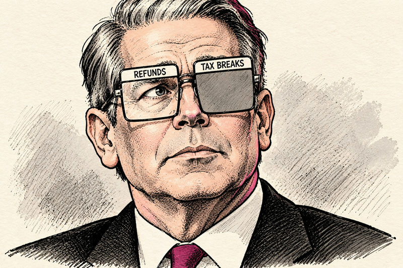 A Bessent caricature wears glasses with a transparent REFUNDS lens and an opaque TAX BREAKS lens.