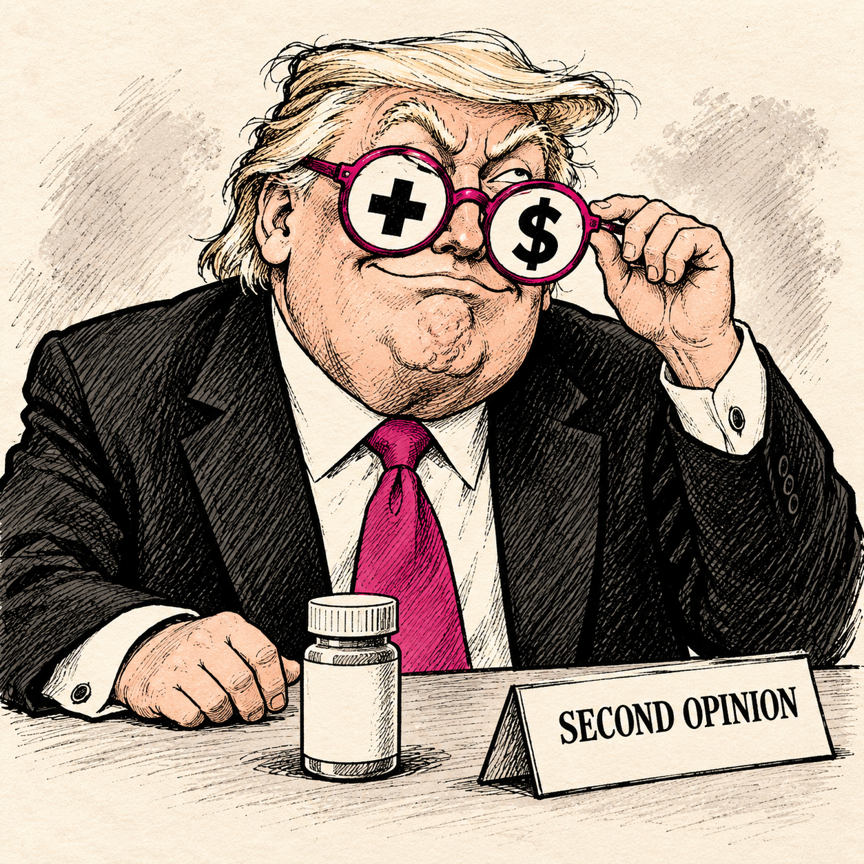 Donald Trump wears oversized pink-framed glasses with a medical cross in one lens and a dollar sign in the other, beside a medicine bottle and a Second Opinion placard.