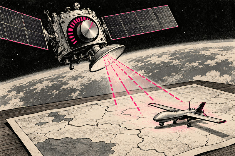 A satellite with a control dial projects a signal toward a model drone on a paper map.