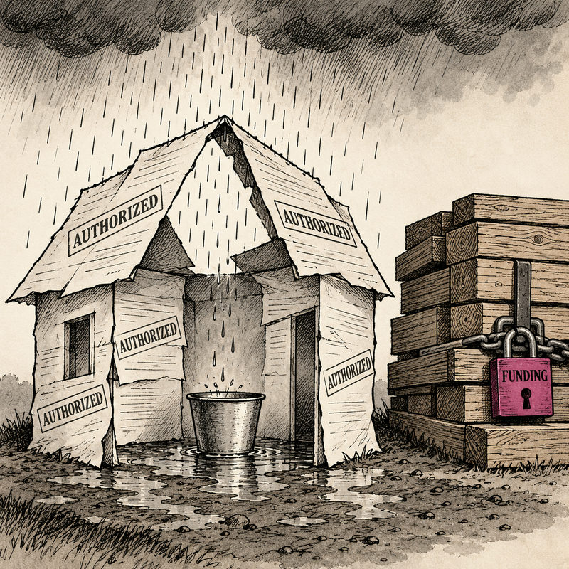 A paper house stamped AUTHORIZED leaks rain into a bucket beside timber chained with a pink FUNDING padlock.