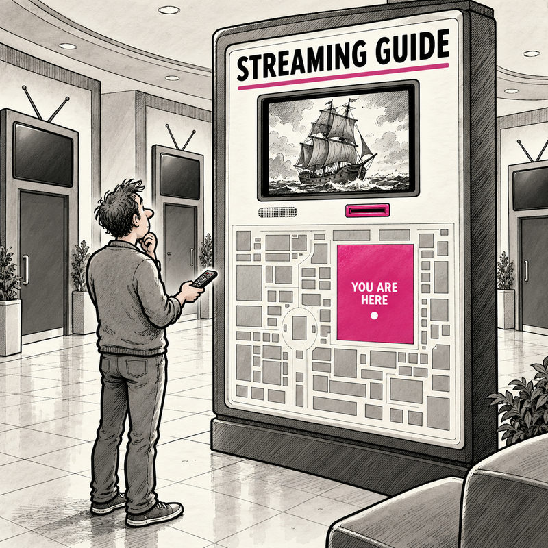 Democrawonk — A streaming directory plays a movie above its own You Are Here map while a viewer holds a remote.