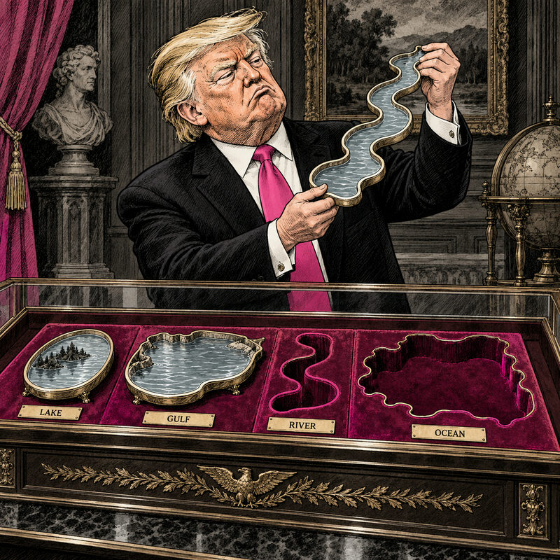 Democrawonk — Trump examines a winding river-shaped collectible above a pink-lined case with lake and gulf pieces and empty river and ocean spaces.