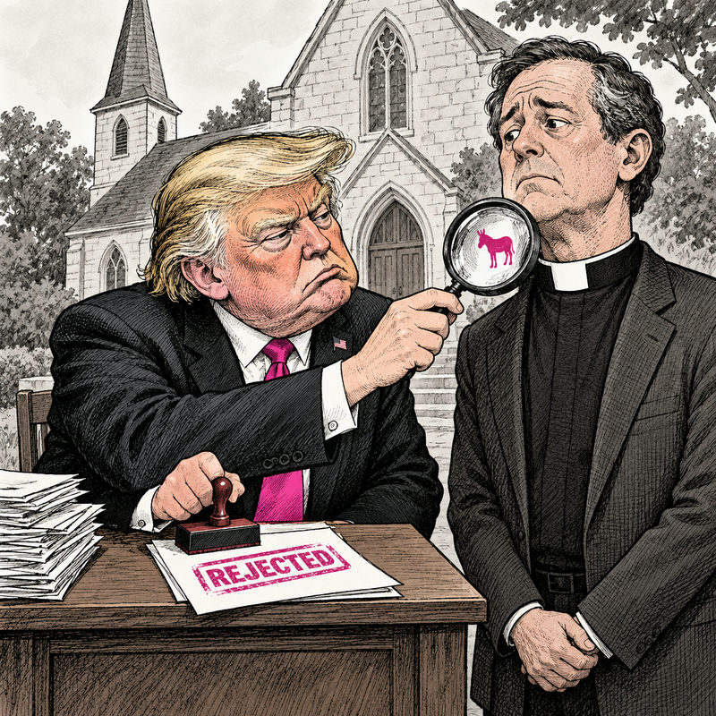 Satirical drawing of Trump inspecting a generic pastor’s collar through a lens showing a pink donkey, beside a REJECTED stamp.