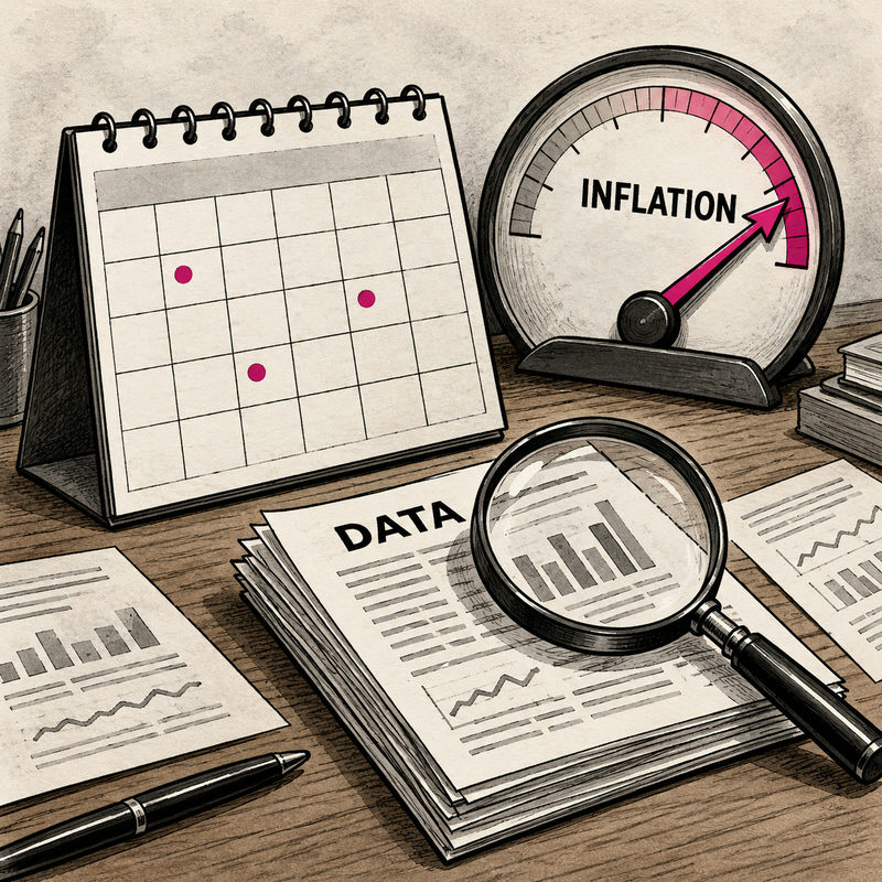 Democrawonk — An inflation dial, a calendar with a few pink dots, and a magnifying glass over data sheets share a desk.