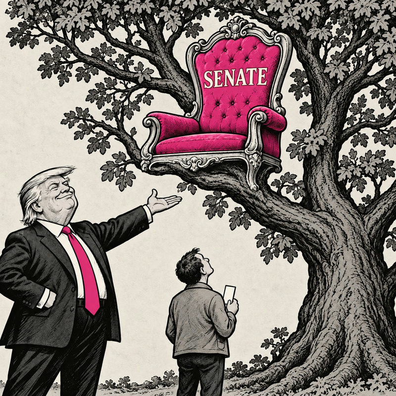 Democrawonk — Trump gestures toward a pink ornate chair labeled SENATE perched in a tree while a voter below holds a ballot.