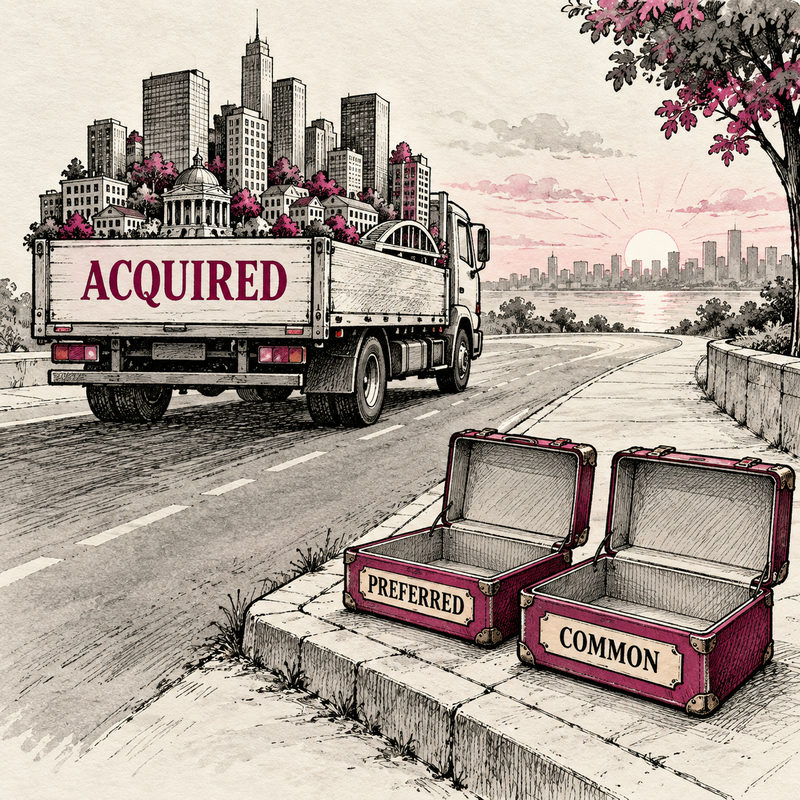 Democrawonk — A truck marked Acquired carries a miniature city away while empty Preferred and Common suitcases remain at the curb.