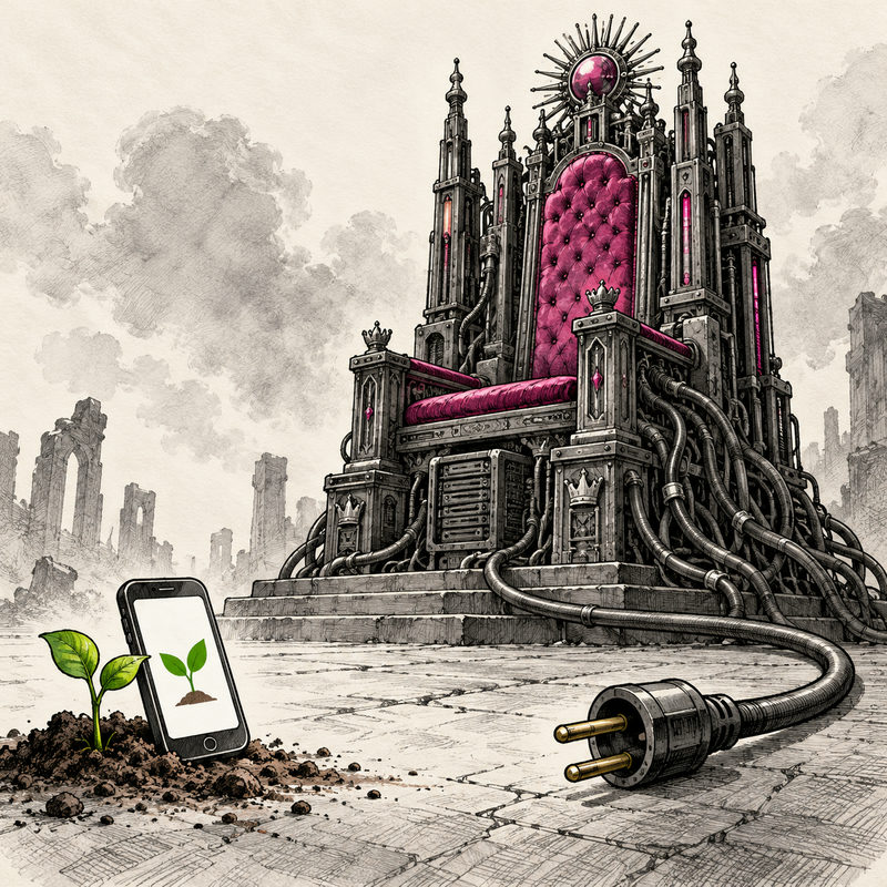 A small phone showing a plant sits beside a seedling while an enormous pink-cushioned technological throne stands unplugged behind it.