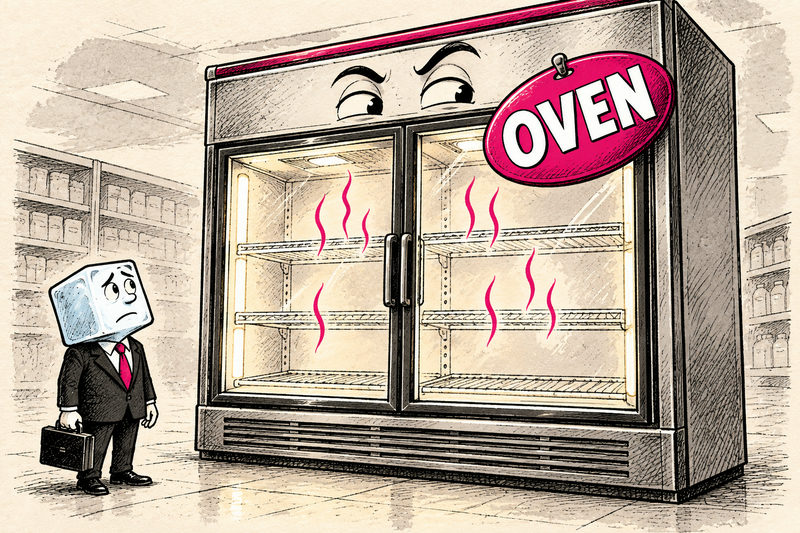 Parody supermarket freezer wears an OVEN badge while a small ice-cube executive looks on.