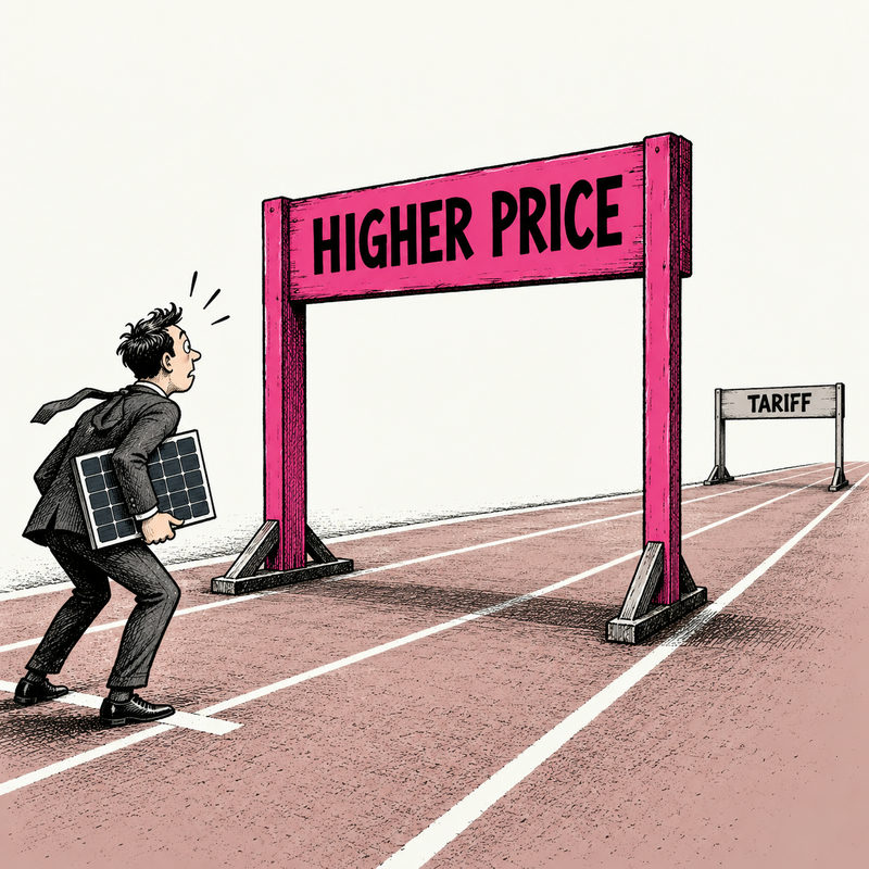 Democrawonk — A runner carrying a solar panel faces a towering HIGHER PRICE hurdle before a smaller TARIFF hurdle farther down the track.