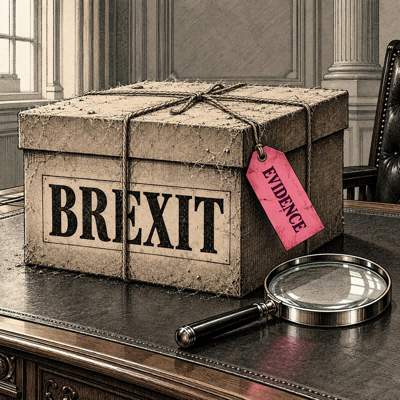 Democrawonk — A dusty tied box labeled BREXIT carries an EVIDENCE tag beside an unused magnifying glass.