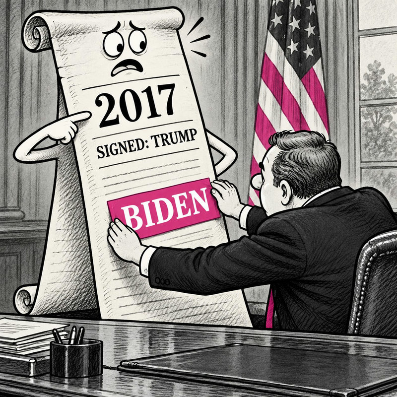 Democrawonk — A politician puts a Biden label on a protesting scroll marked 2017 and Signed: Trump.