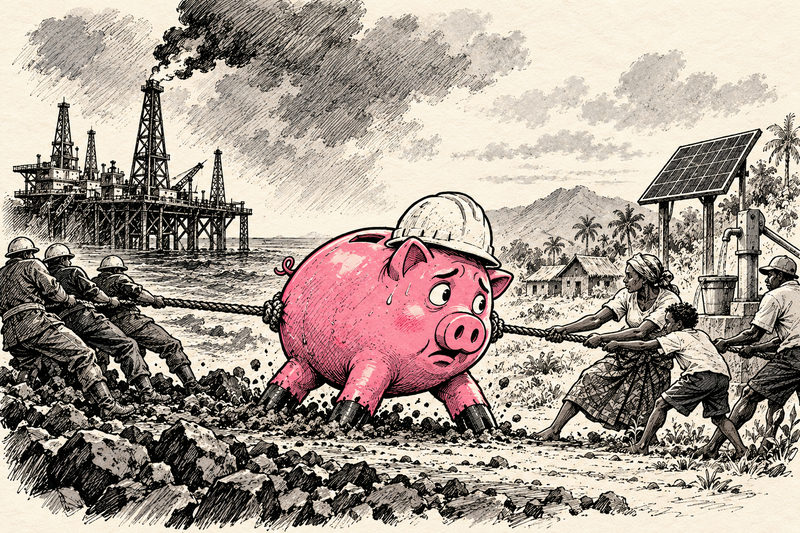 A development-finance piggy bank is pulled between fossil-fuel extraction and community water and solar infrastructure.