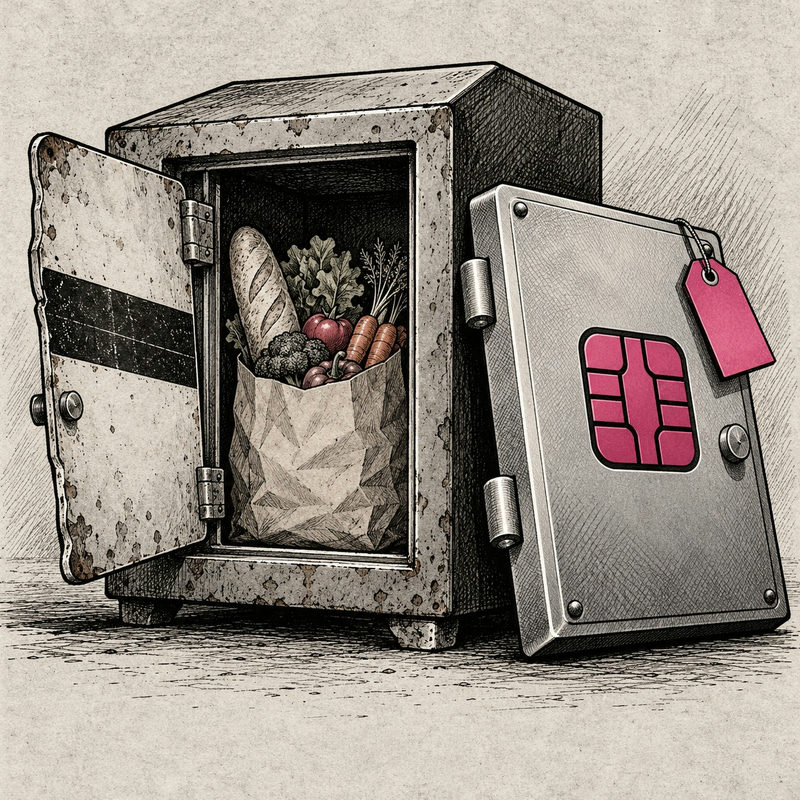 Democrawonk — Groceries sit in an old magnetic-stripe safe beside a replacement chip door with a blank price tag.