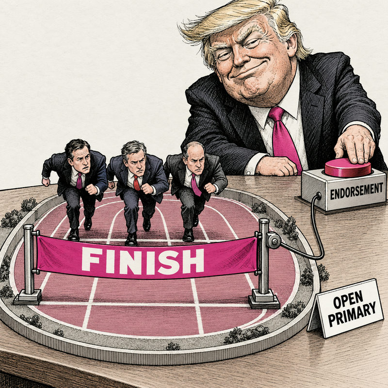 Democrawonk — Trump controls an Endorsement button wired to a finish ribbon across a miniature running track labeled Open Primary.