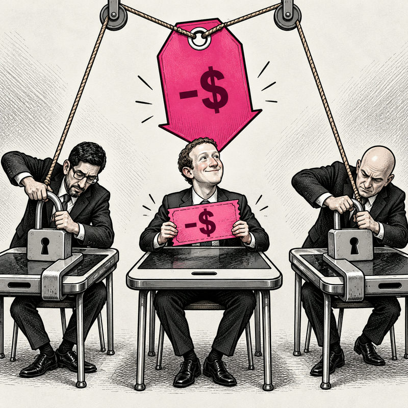 Democrawonk — A central technology executive holds a pink discount coupon while two other executives fasten locks on phone-shaped desks.